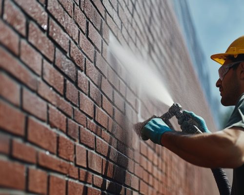 Dirt and algae wash away under the force of a water jet as a construction worker restores the natural beauty of a brick facade.